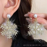 Christmas Snowflake Earrings Women's Full Diamond Pearl Plush Earrings Digitalshoper