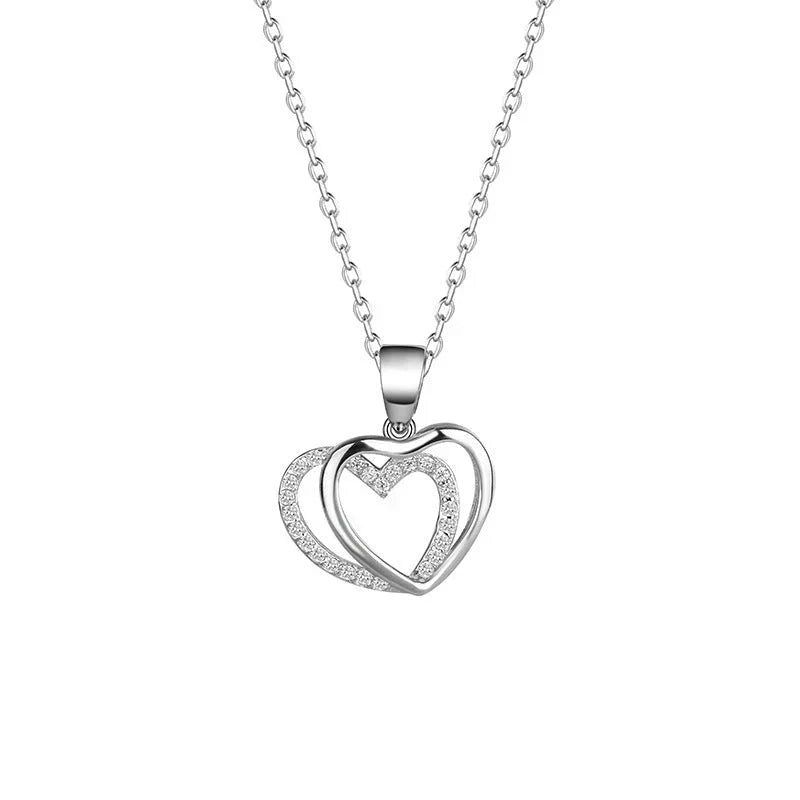 925 Sterling Silver Double Heart-shaped Necklace For Women Summer Digitalshoper