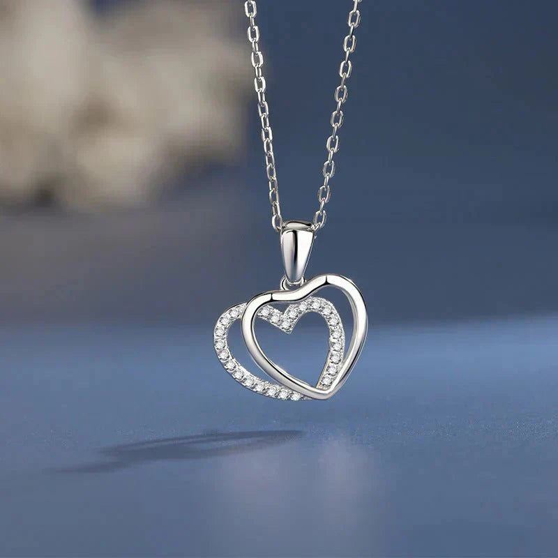 925 Sterling Silver Double Heart-shaped Necklace For Women Summer Digitalshoper