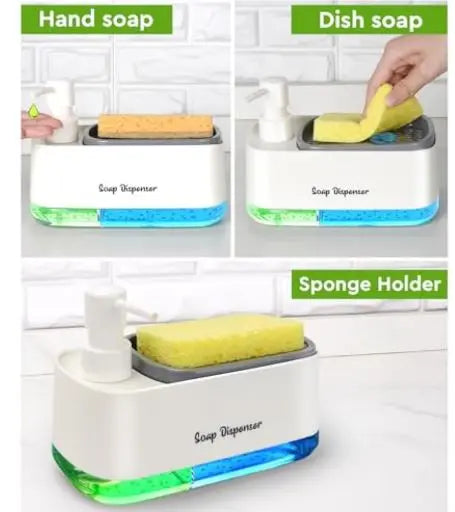 Hand and Dish Soap Dispenser Set for Kitchen, Dual Soap Dispenser with Sponge Holder, 3-in-1 Countertop Soap Pump Dispenser for Kitchen Sink, Useful Kitchen Gadgets - White Digitalshoper