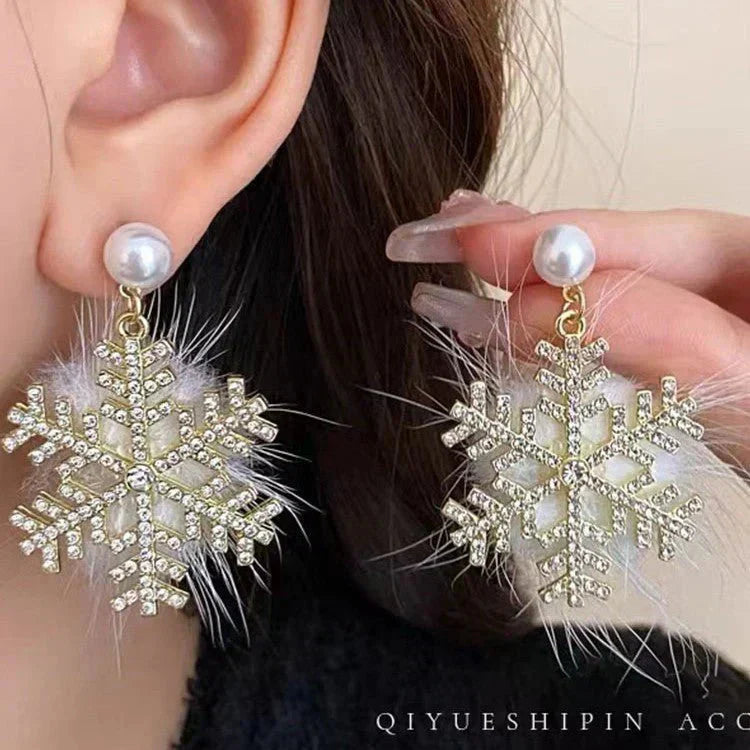 Christmas Snowflake Earrings Women's Full Diamond Pearl Plush Earrings Digitalshoper
