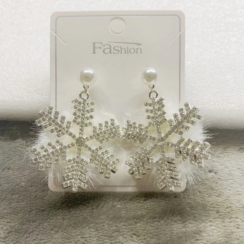 Christmas Snowflake Earrings Women's Full Diamond Pearl Plush Earrings Digitalshoper