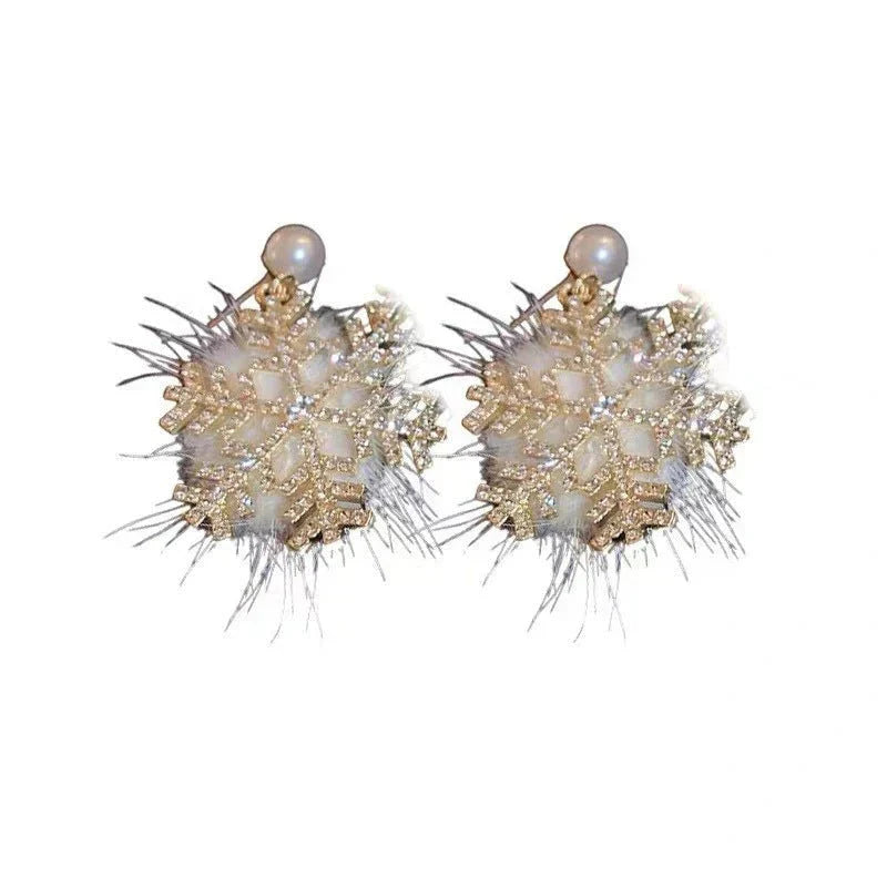 Christmas Snowflake Earrings Women's Full Diamond Pearl Plush Earrings Digitalshoper