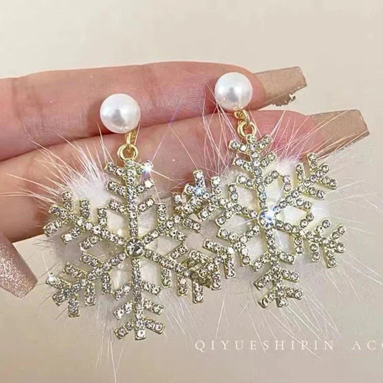 Christmas Snowflake Earrings Women's Full Diamond Pearl Plush Earrings Digitalshoper