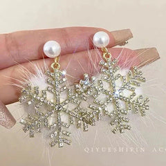 Christmas Snowflake Earrings Women's Full Diamond Pearl Plush Earrings Digitalshoper