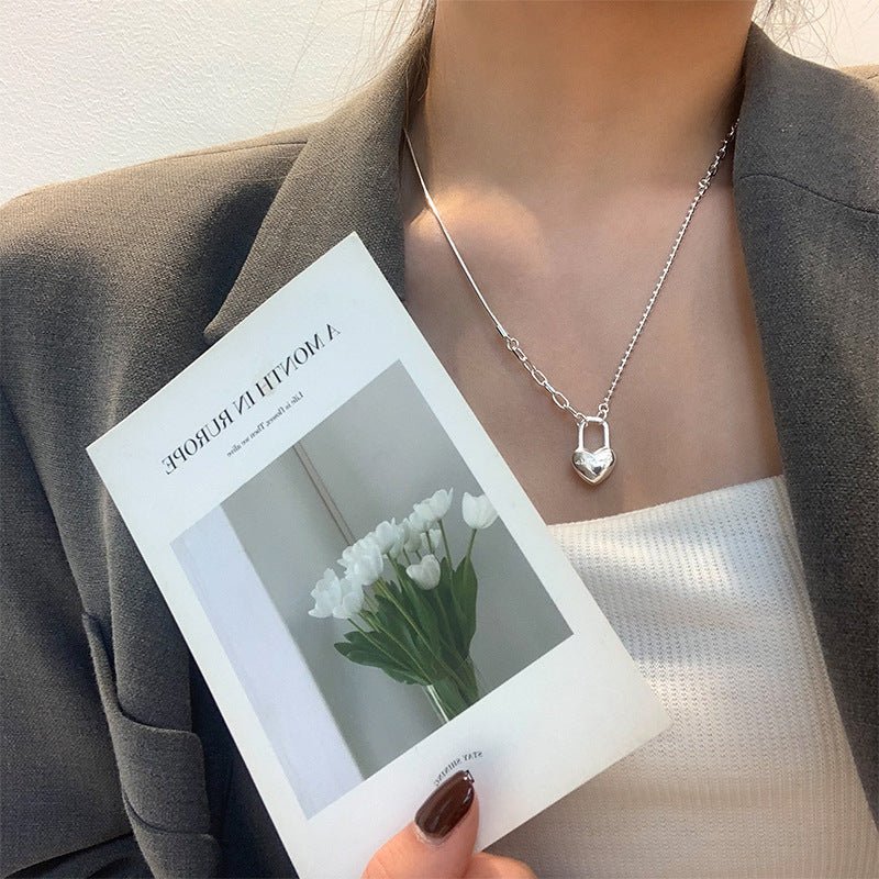 Women's Double-Layer Chain Heart-Shape Lock Necklace S925 Sterling Silver Digitalshoper