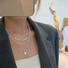 Women's Double-Layer Chain Heart-Shape Lock Necklace S925 Sterling Silver Digitalshoper