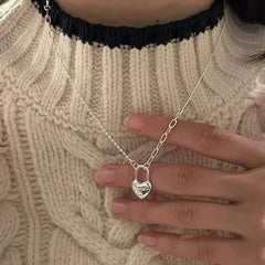 Women's Double-Layer Chain Heart-Shape Lock Necklace S925 Sterling Silver Digitalshoper